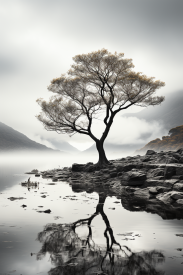 A tree on the shore of a lake