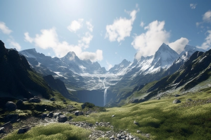 A mountain valley with a waterfall