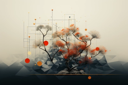 A tree with orange leaves and geometric shapes