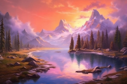 A river with trees and mountains in the background