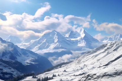 A snowy mountain range with trees