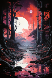 A river in a forest with trees and a moon