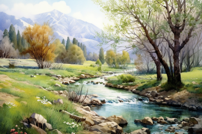 A watercolor of a river running through a grassy area