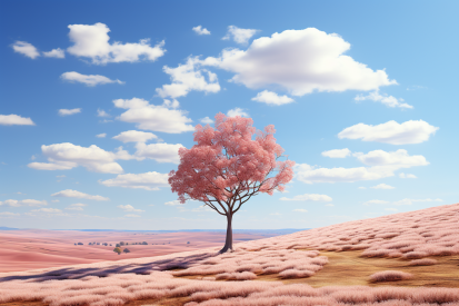 A tree with pink flowers on a hill