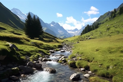 A river running through a valley with mountains in the background