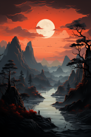 A river with trees and mountains in the background