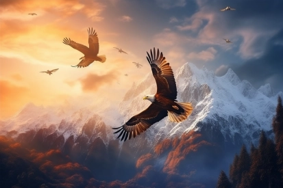 Birds flying in the sky with mountains and trees