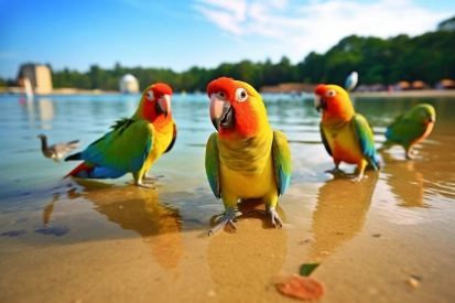 A group of colorful birds standing on the beach