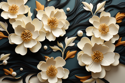 A white and gold flowers on a blue background