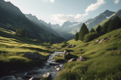 A stream running through a valley with mountains in the background