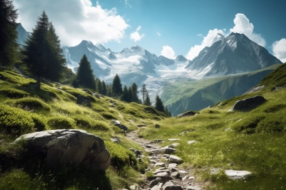 A rocky path through a valley with mountains in the background