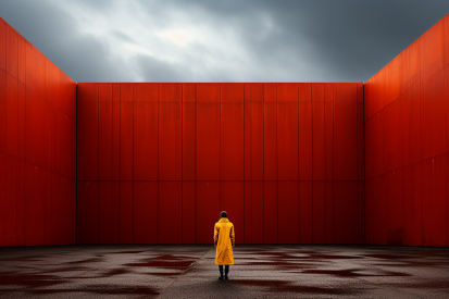 A person in a yellow coat standing in front of a red wall