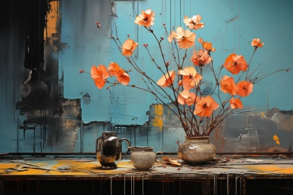 A vase with orange flowers and a pitcher on a table