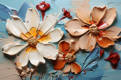 A painting of flowers on a blue surface