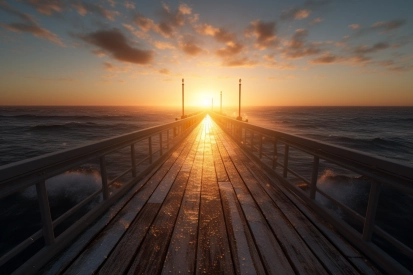 A wooden bridge leading to the ocean