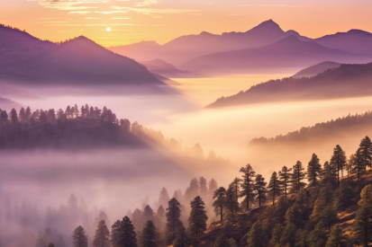 A foggy valley with trees and mountains