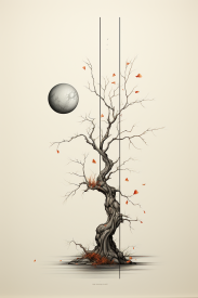 A tree with a moon and a round ball
