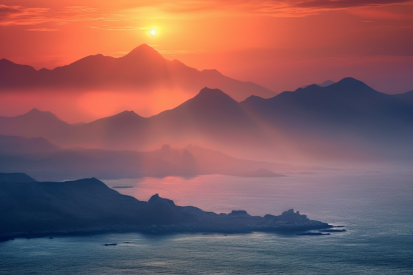 A sunset over a body of water and mountains
