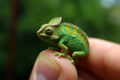 A person holding a green lizard