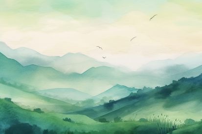 A painting of a landscape with hills and birds