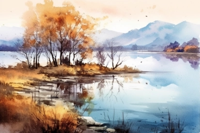 Watercolor of a lake with trees and mountains in the background