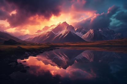 A mountain range with a lake and clouds in the sky