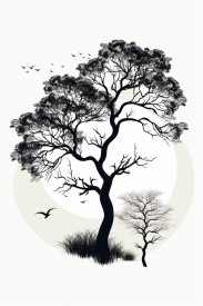 A tree with birds flying in the sky