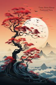 A tree with red leaves and birds flying in the sky
