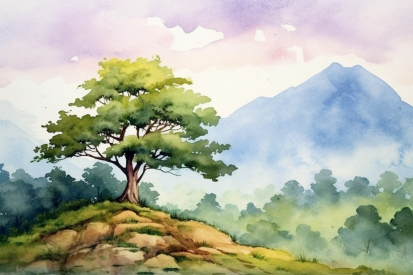 A watercolor of a tree on a hill