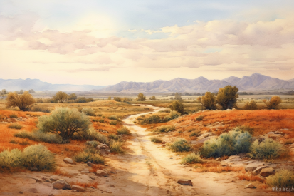 A dirt road through a desert