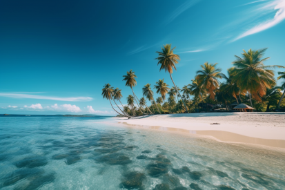 A beach with palm trees and clear water
