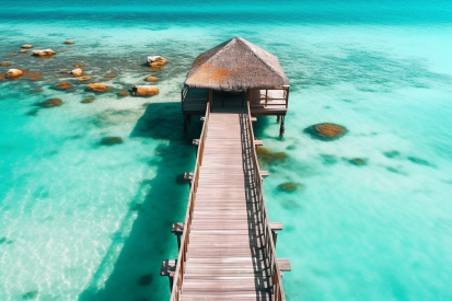 A dock over water with a thatched roof