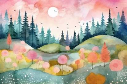 A watercolor painting of a landscape with trees and a pink sky
