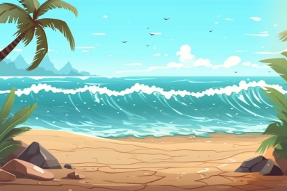 A beach with waves and palm trees
