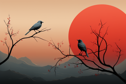 Birds on a tree branch with a red sun behind them