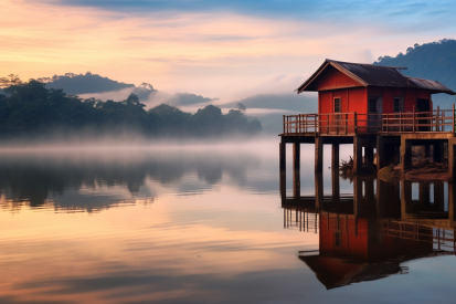 A house on stilts on a lake