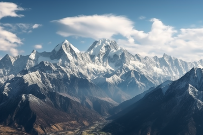 A snowy mountain range with a valley below