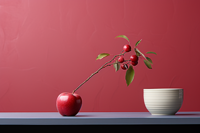 A red apple with a stem and leaves on a white cup