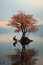 A person sitting on a small island in water with a tree and ladder