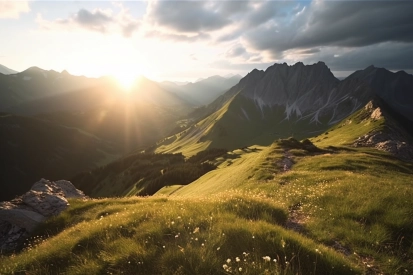 A grassy hill with mountains in the background