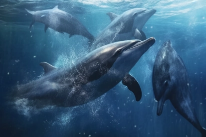 A group of dolphins swimming in the water