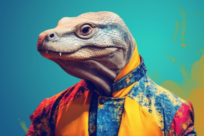 A lizard wearing a colorful shirt and tie