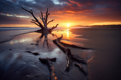 A tree stumps on a beach