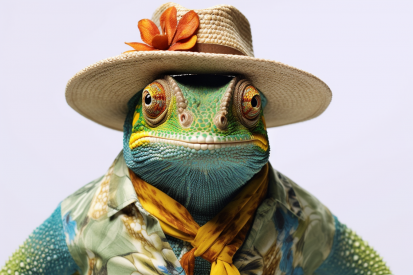 A chameleon wearing a hat and shirt