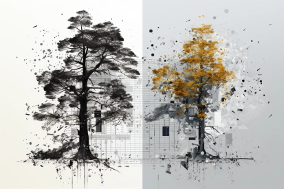 A tree with yellow and black leaves