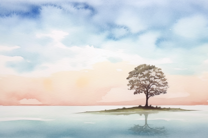 A watercolor of a tree on an island