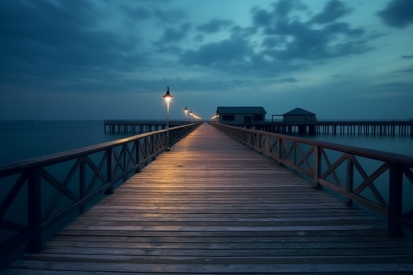 A wooden dock with a pier and buildings in the distance
