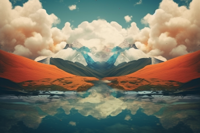 A mountain range with clouds and water