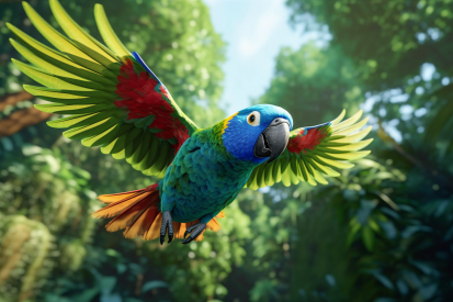 A colorful parrot flying in the air