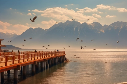 A pier with birds flying over water